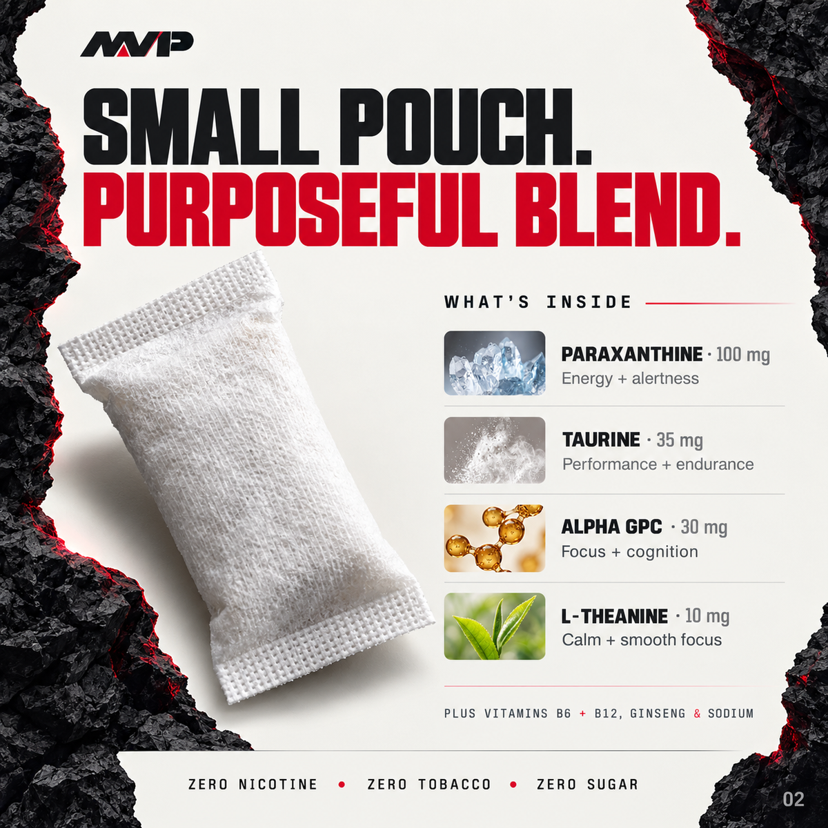 Small pouch, purposeful blend: paraxanthine, taurine, alpha GPC and L-theanine