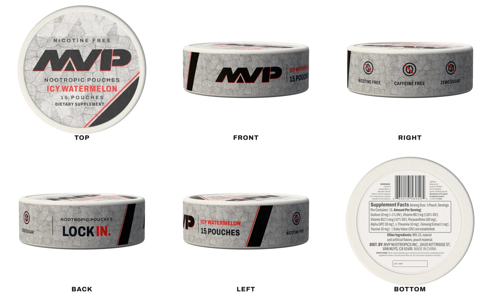 The MVP tin from every side: the lid, the side wrap and the Supplement Facts on the base.